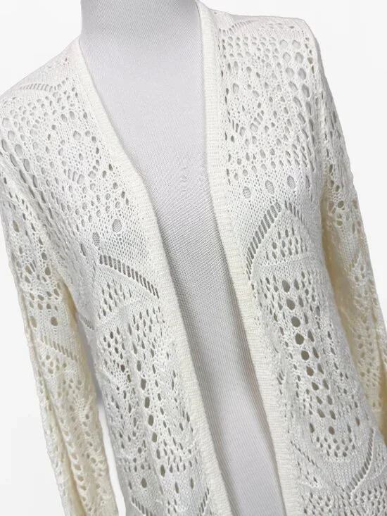 Women's Size M Open Front Crochet Openword Knit Long Cardigan Sweater - Picture 6 of 8
